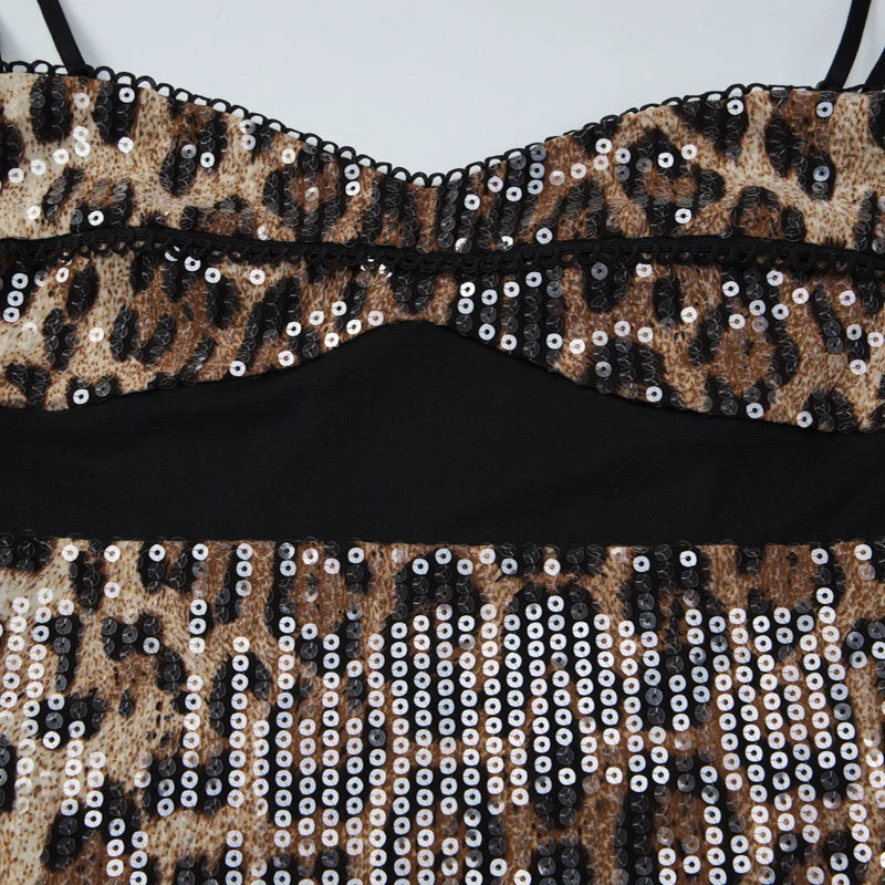 Voguable  Women Summer New Fashion Sequins Leopard Patchwork Mesh Spaghetti Strap Backless Night Club  Mini Bodycon Dress Vestidos voguable