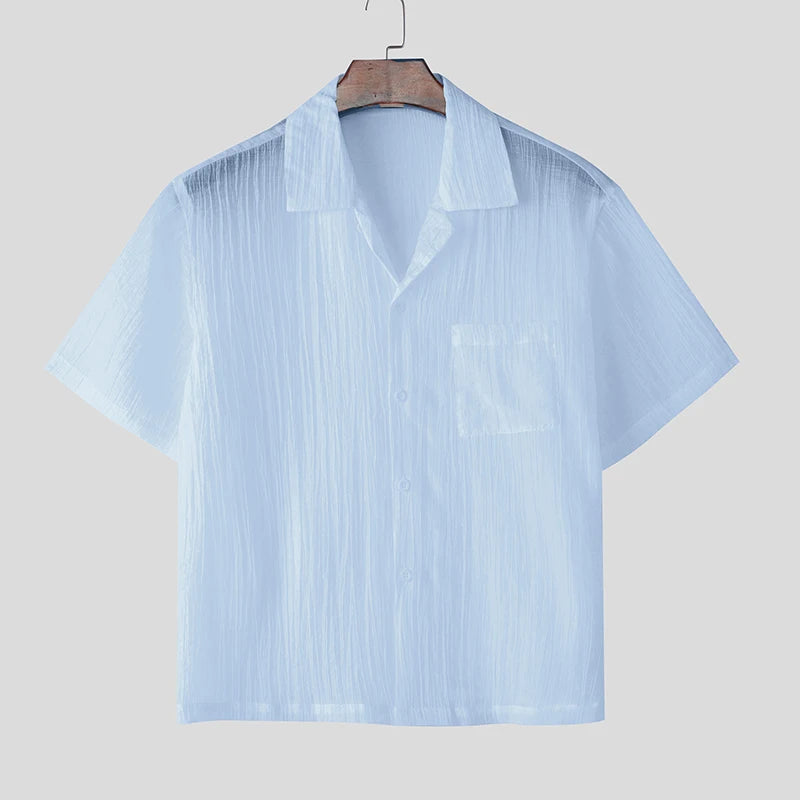Men Shirt Solid Color Lapel Short Sleeve Summer Pleated Men Clothing Streetwear 2025 Pockets Fashion Male Shirts Tops voguable