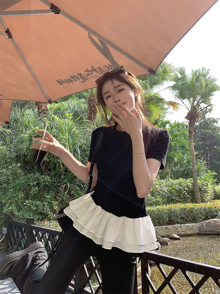 Women Patchwork Fringed Ruffles O-neck Cotton Tshirt Womans Summer Clothes Elegant Solid Shirt Women Slimming Short Sleeve Tee voguable