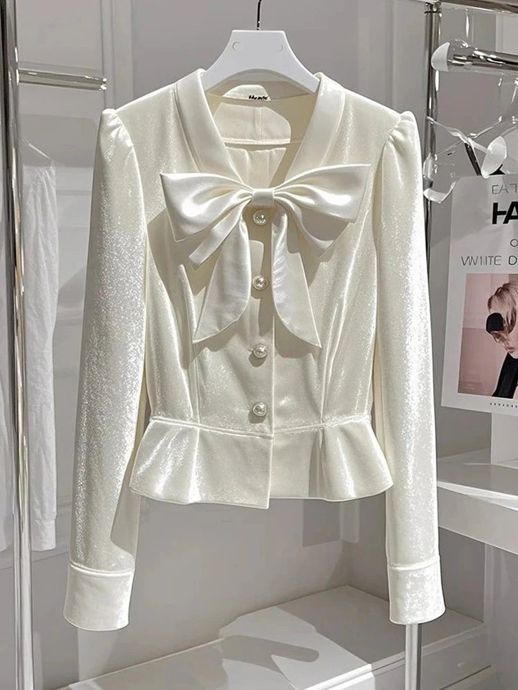 Chic Bow Velvet Elegant Shirt Women Slim Long Sleeve V Neck Fashion Blouse Korean Casual Fall Single Breasted Female Sweet Tops voguable