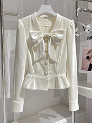 Chic Bow Velvet Elegant Shirt Women Slim Long Sleeve V Neck Fashion Blouse Korean Casual Fall Single Breasted Female Sweet Tops voguable