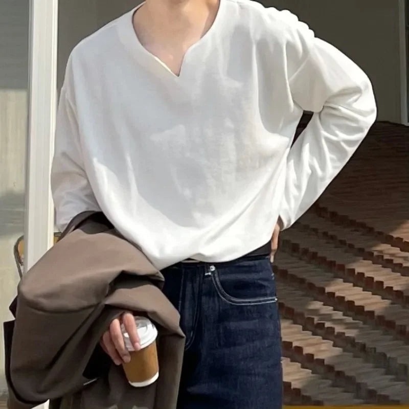 Autumn 100% Cotton Small V-neck Long Sleeve T-shirts Men Korean Casual Solid Color High-end Design Loose Bottoming Shirt Men voguable