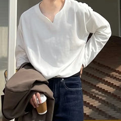 Autumn 100% Cotton Small V-neck Long Sleeve T-shirts Men Korean Casual Solid Color High-end Design Loose Bottoming Shirt Men voguable