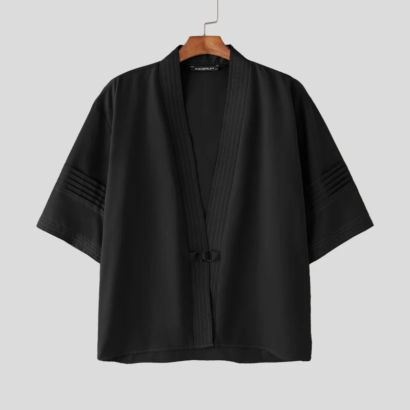 Men Shirt Solid Color V Neck Half Sleeve Casual Cardigan Men 2025 Oversize Pleated Fashion Male Tops Shirts Streetwear voguable