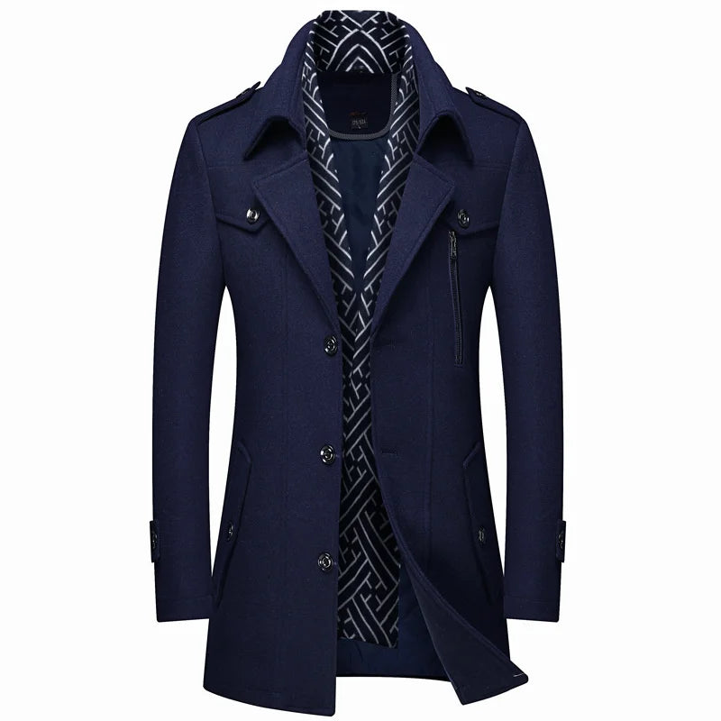 Winter Men's Woolen Coats Fashion Thicken Mid Length Trench Solid Turn Down Collar Warm Outerwear Business Casual Wool Coat Men voguable