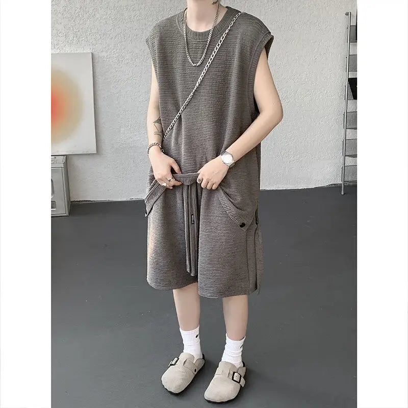 Voguable  Men's Solid Color 2-Piece Set Sleeveless T-Shirt And Shorts Loose Fit Summer Casual Comfortable Cotton Lounge Wear M-XXXXXL voguable