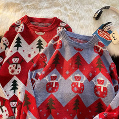 New Year warm pullovers round neck sweater women street stitching Christmas tree jacquard sweater ins couple loose in winter voguable