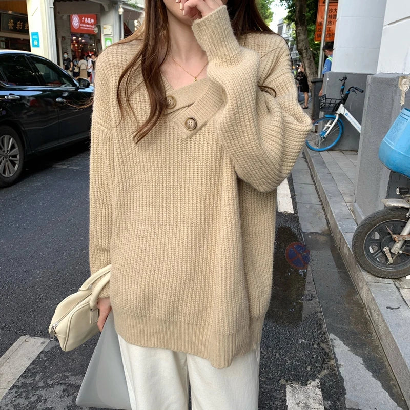 V-neck Knit Pullover Women Slouchy Long Sleeve Drop Shoulder Sweater with Buttoned Strap Cozy Knitwear Autumn Winter Chic Outfit voguable