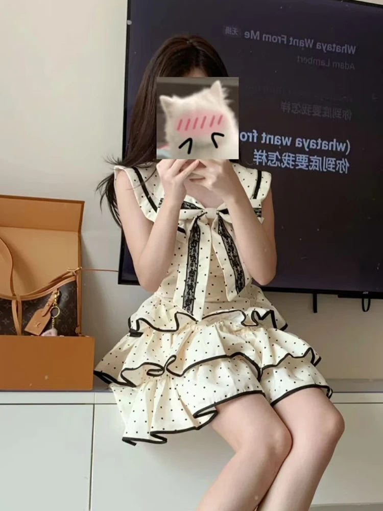 Elegant Bow Women Dress Summer Preppy Style Sweet Print Dot Ladies Mini Dress Party Night Vestidos New voguable
