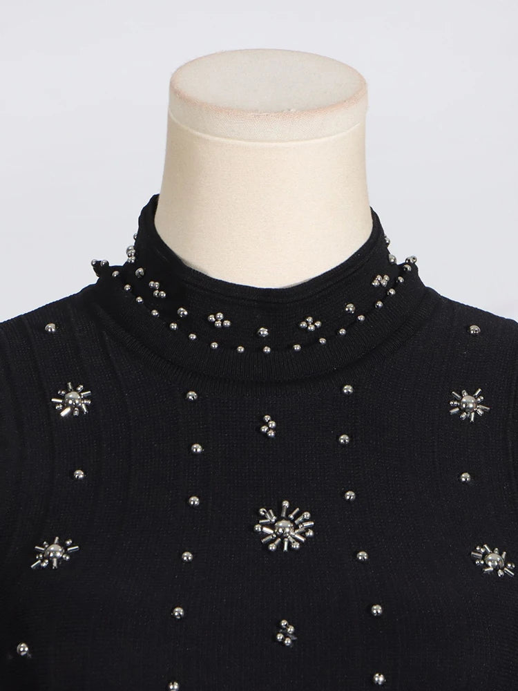 Solid Beaded Diamond Spliced Long Dresses For Women Round Neck High Waist Elegant Dress Female Summer 2025 New voguable