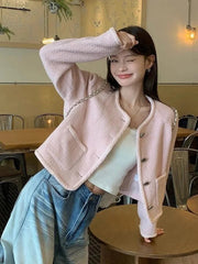 Pink Sweet Tweed Jackets Women Vintage O Neck Cute Elegant Long Sleeve Short Coats Retro Casual Single Breasted Pockets Outwear voguable