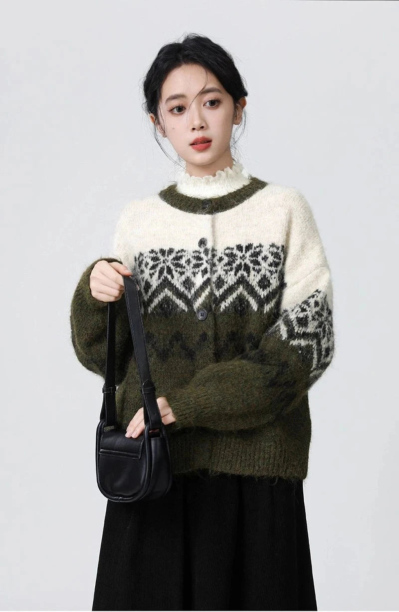 Women O Neck Retro Print Cardigan Sweaters Casual Lazy Wind Long Sleeve Knitted Short Coat Fall Winter Vintage Harajuku Lady Top voguable