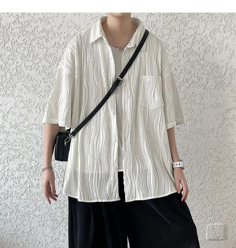 Voguable Men's Clothing Straight Tops Man Turn-down Collar Shirts Spring Summer Thin Temperament Handsome Button Pockets Short Sleeve voguable