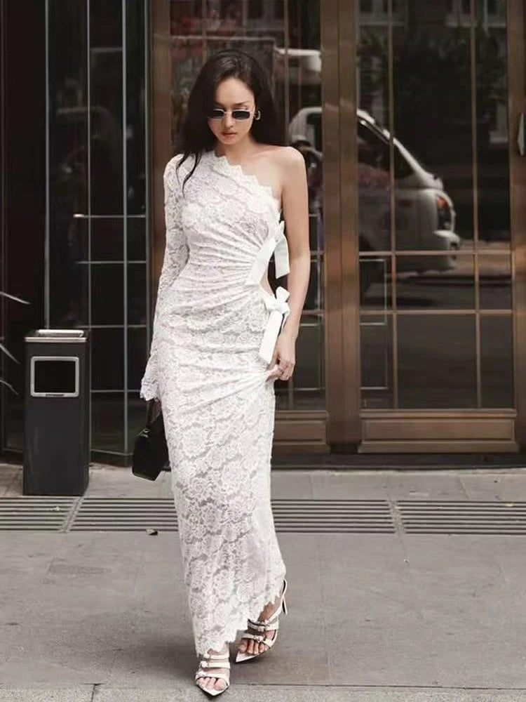 Sexy Slash Neck Lace Dress for Women Y2K Fashion Hollow Out Slim Midi Dress Femme Chic Tight Backless Party Night Vestidos Mujer voguable