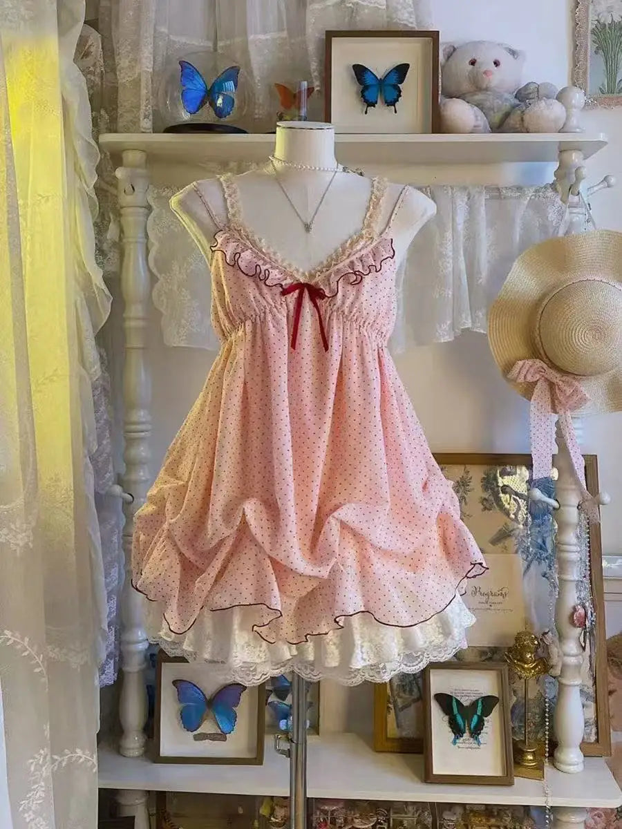 Voguable  Summer Fairy Y2k Sweet Kawaii Lolita Dress Women Japanese Vintage Lace Bow Ruffle Cake Dress Harajuku Slim Bandage Dress voguable