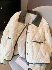 Voguable  Vintage Office Lady Argyle Parkas Korean Elegant Long Sleeve Winter Coat Women Casual All Match Pockets Sweet Tops Retro voguable