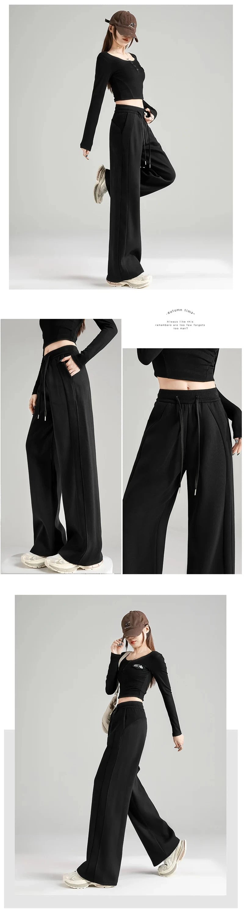 Preppy Style Black Sweatpants Women Vintage High Waist Loose Straight Pant Korean Casual Fall Lace Up Wide Leg Trousers New voguable
