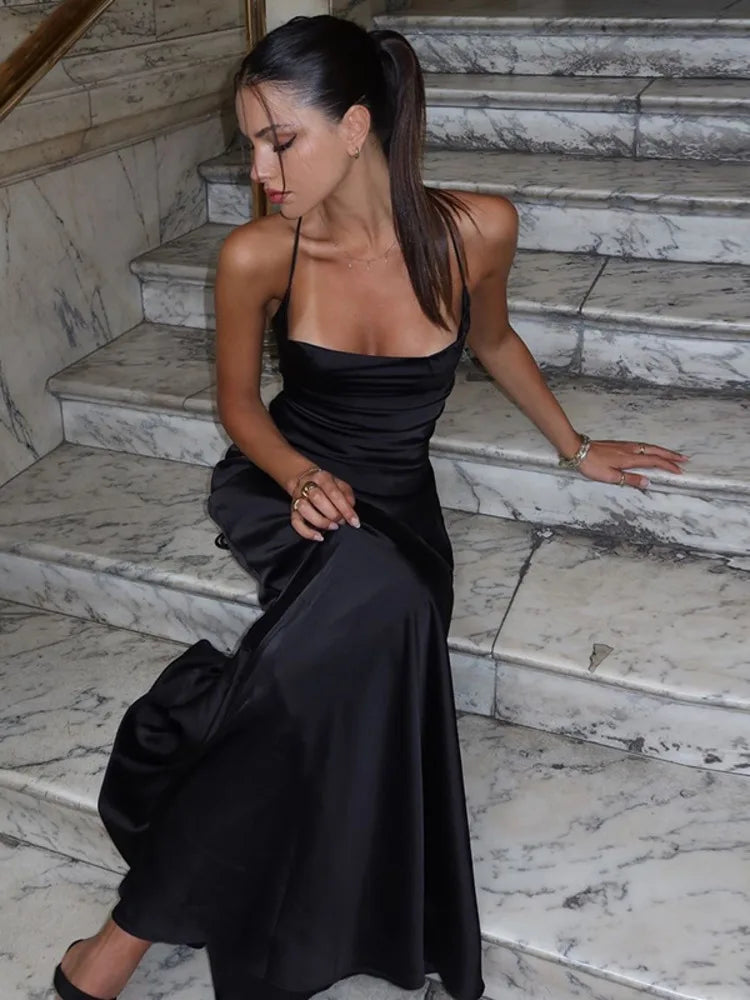 Spaghetti Strap Backless Sexy Maxi Dress Women Gown Black Satin Slipdress Sleeveless High Waist Club Party Long Dress voguable