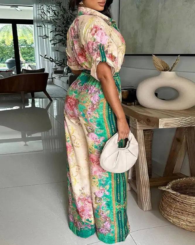 Voguable  Spring/Summer New Women's Retro Printed Collar Curly Sleeve Front Button Drawstring Elastic Wide Leg Holiday jumpsuit voguable