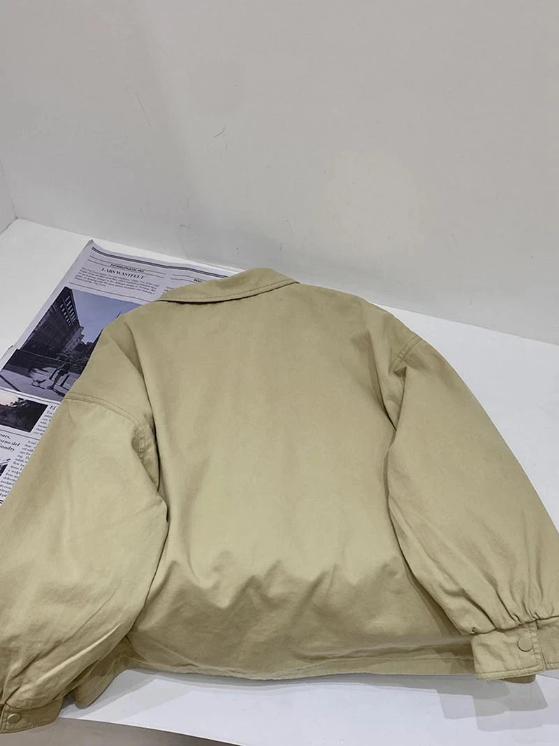 Fall Women Cargo Jacket Loose Preppy Style Long Sleeve Vintage Coat Casual Big Pockets American Retro Solid Bf Outwear Tops voguable