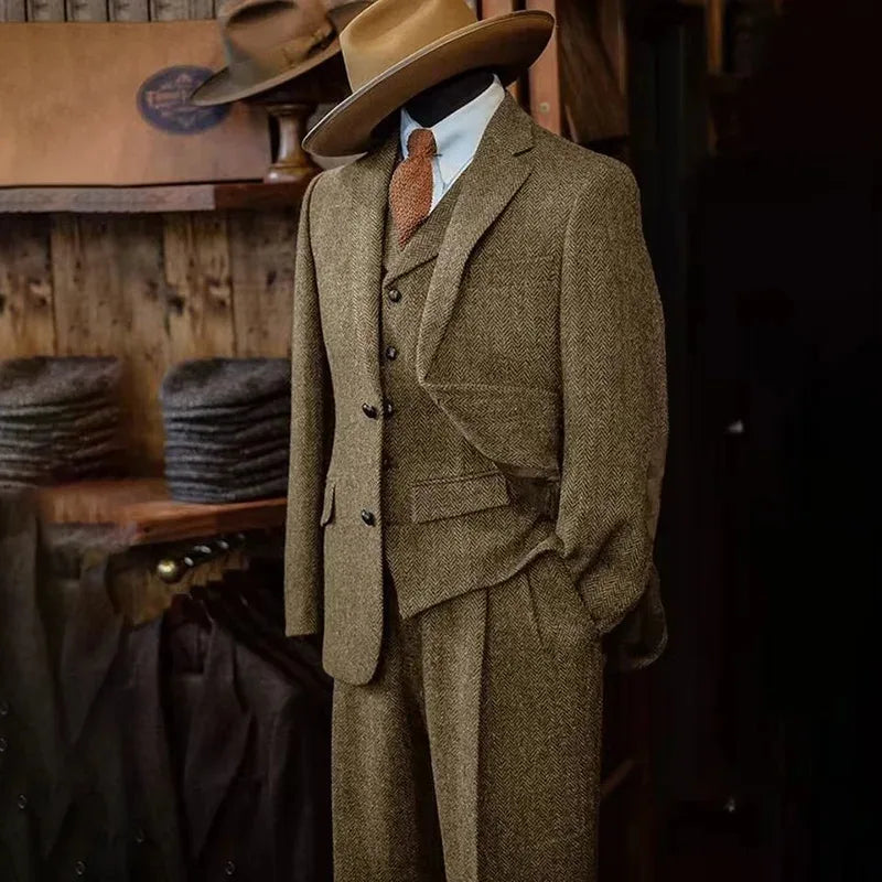 Voguable  Men's High-quality Plus Size 7XL-XS 3-piece Suit (suit+vest+pants) British Style Vintage Fashion Slim Fit Herringbone Tuxedo voguable