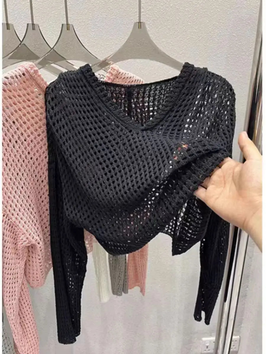 Pointelle Knit Hooded Sweater for Women Sheer Openwork Long Sleeve Boxy-fit Pullover Crop Top Teen-girl Spring Summer Y2K Outfit voguable
