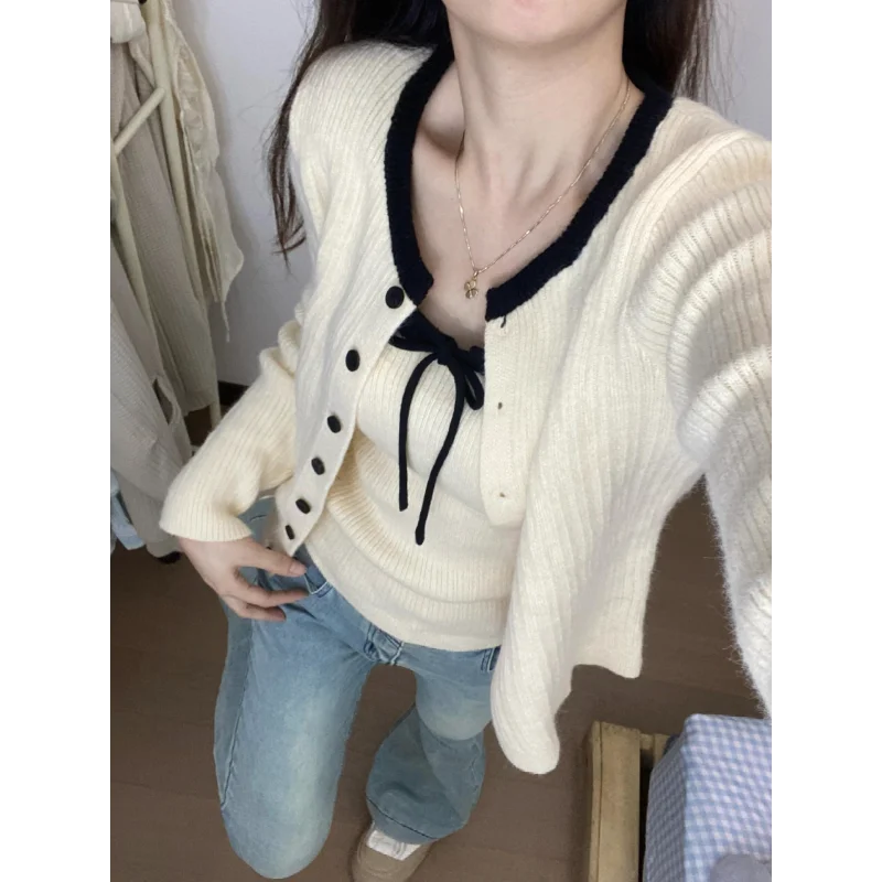 Voguable  Korean Knitted Cardigan with Suspenders Women's Autumn New Sweater Jacket Outer Top voguable