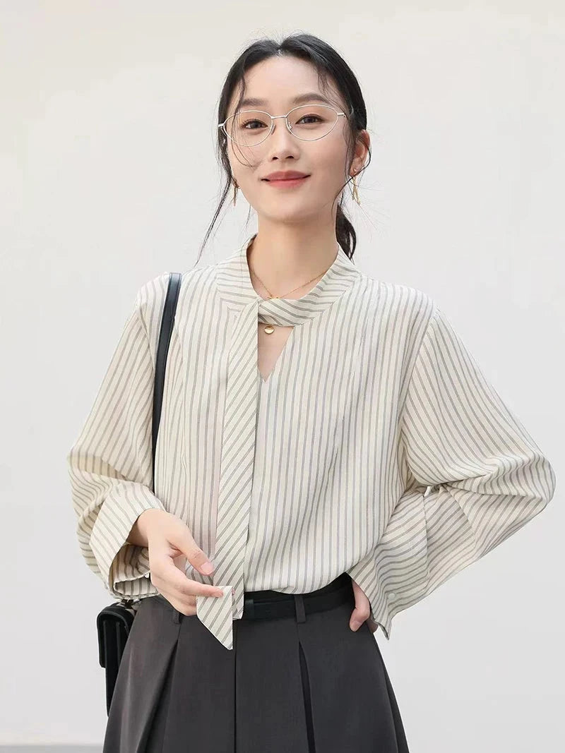 Elegant Lace Up Striped Blouse Women Fall Chic Hollow Out Long Sleeve Sweet Shirt Korean High Quality Loose Fashion New Top voguable