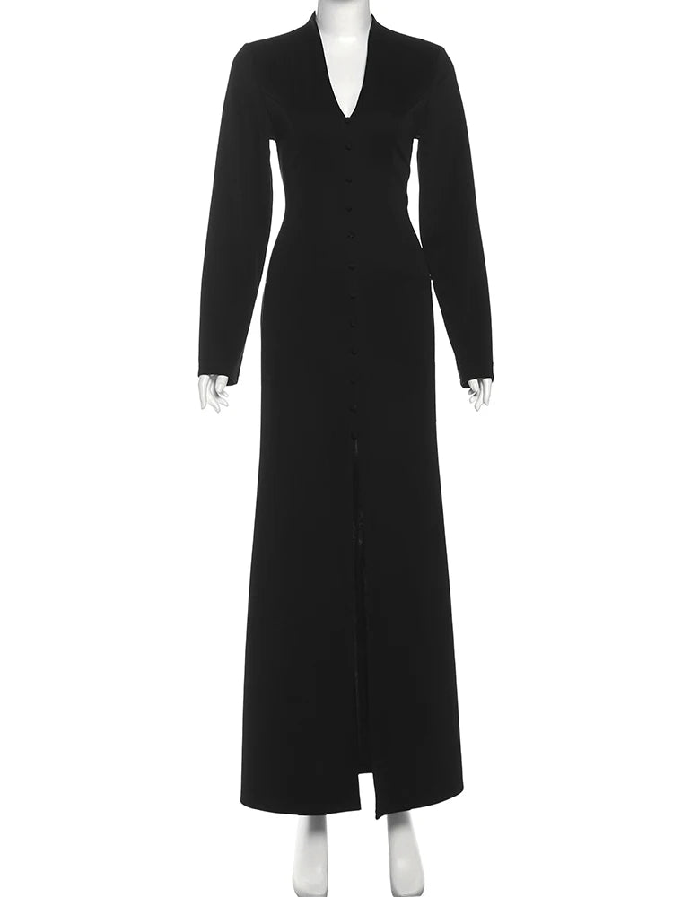 Voguable  Single-Button Maxi Dress Women Front Split Full Sleeve v-Neck Elegant Classic Office Streetwear Fashion Slim Vestidos voguable