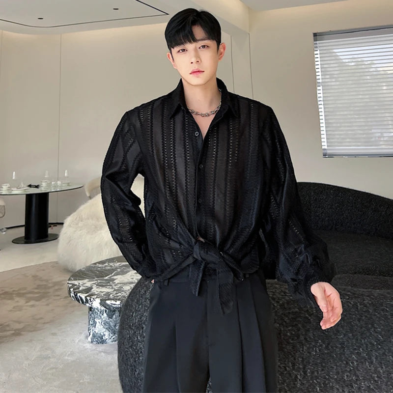 Voguable 2024 Korean Splicing Translucent Design Long Sleeve Shirt Men's Niche Stylish Elegant Temperament Street Male Tops voguable