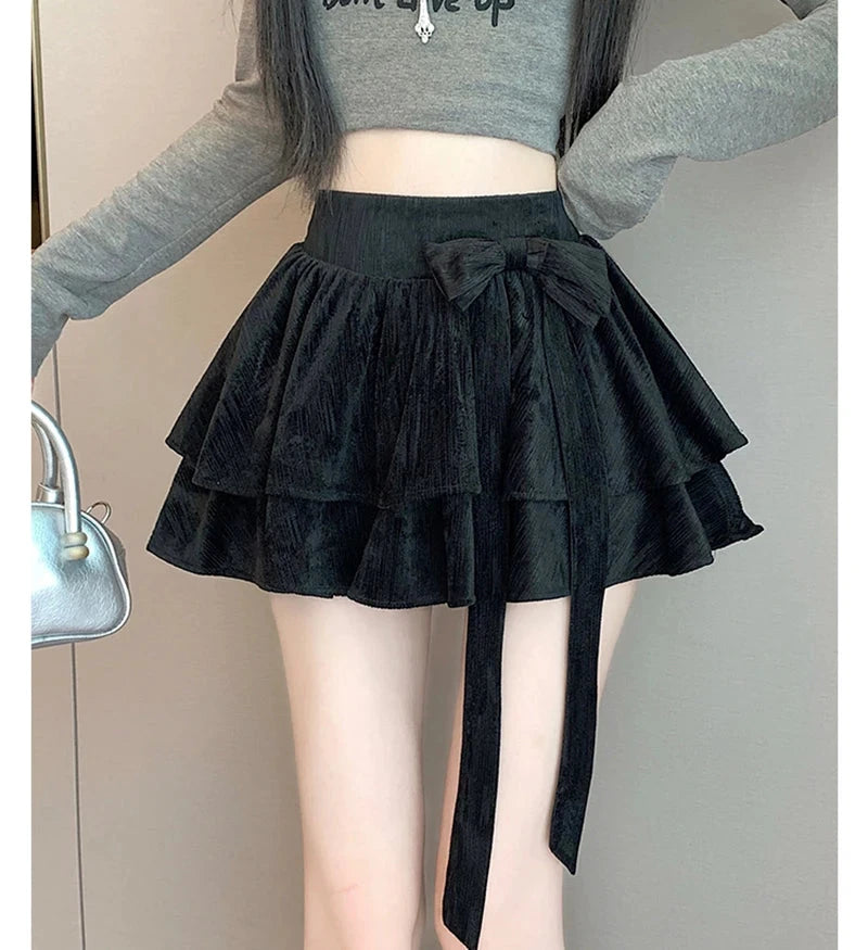 Sweet Bow Cake Skirts Women Vintage Slim High Waist Sexy Mini A Line Skirt Korean Preppy Style Fall Winter Dance Skirt New voguable