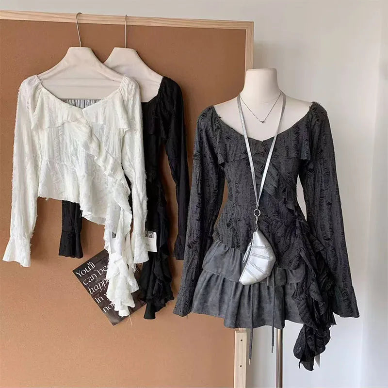 Irregular Patchwork Women T Shirts Y2K Fashion Gothic Ruffled Sleeve Female Tops Streetwear Sexy Hollow Out Hole Casual Tees New voguable