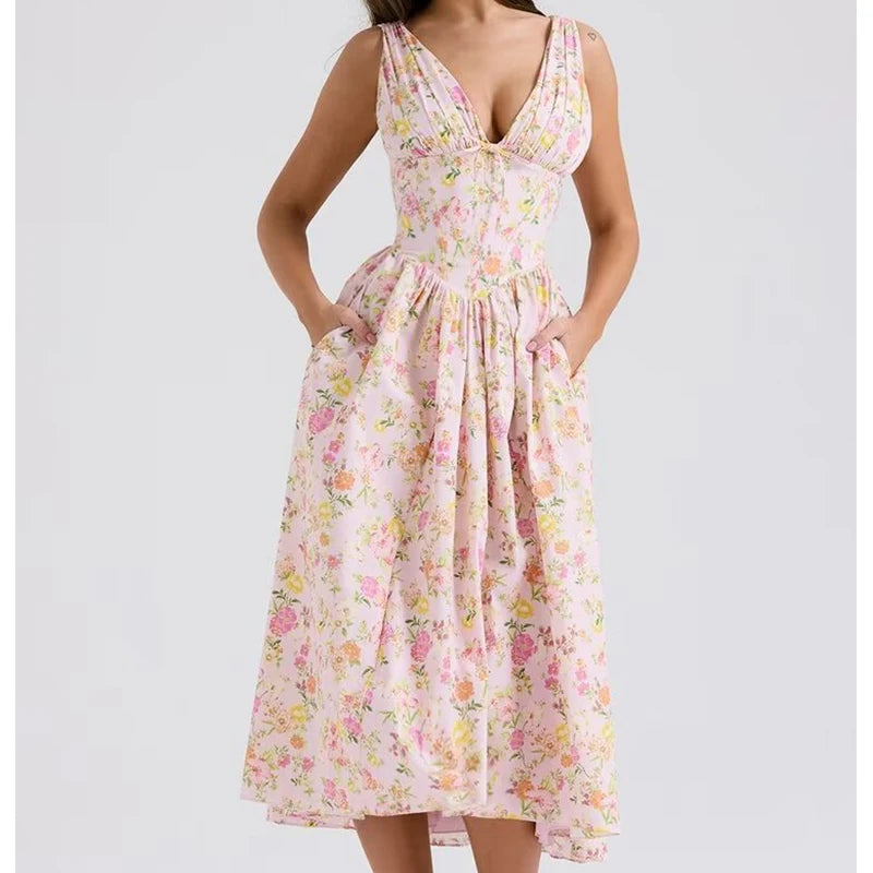 New Women Bow V Neck Floral Print Tank Summer Dress Sexy Sleeveless High Waist Elegant Holiday Party Dresses Midi Robe voguable