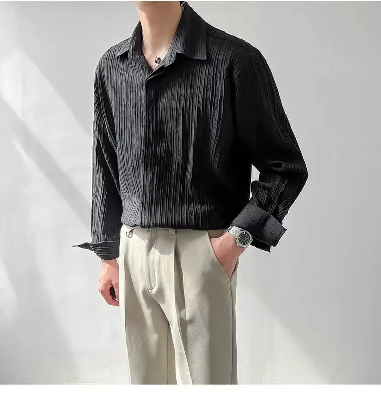 Black Apricot White Long-sleeved Shirt Men Fashion Social Mens Dress Shirt Korean Loose Casual Pleated Shirts Mens Formal Shirt voguable