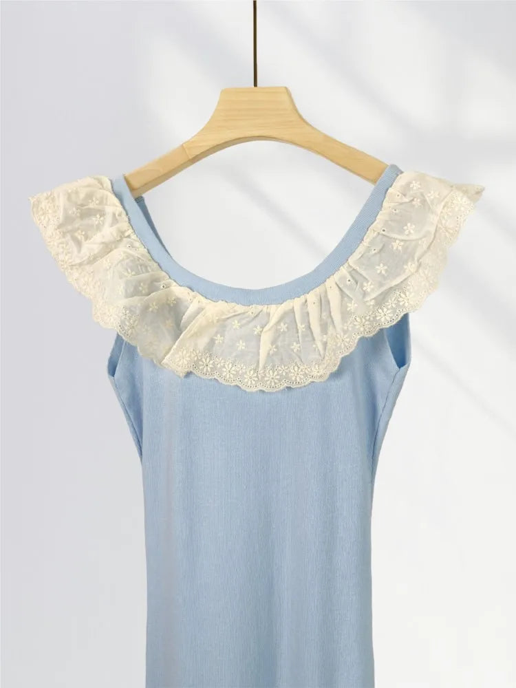 Peter Pan Collar Ruffle Knit Long Dress 2025 Blue Embroidery Patchwork Sweet Chic Tank's Dress Sleeveless Slim Summer Dresses voguable