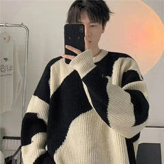Autumn O-Neck Knit Sweater for Men Cow Patchwork Pullover Men Loose Casual Harajuku Korean Fashion Mens Oversized Sweater voguable