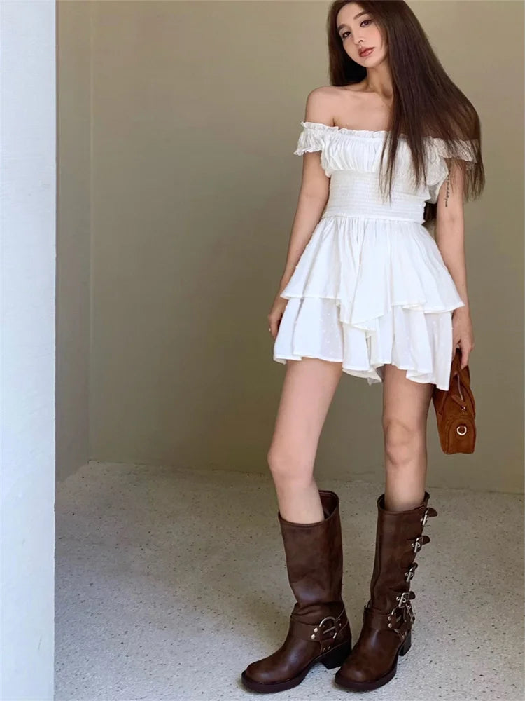 Voguable White Off Shoulder Short Sleeved Vest Dress for Women Summer Sweet Spicy Pleated Ruched Waist Boho Short Dresses Tank Dress voguable