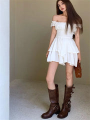 Voguable White Off Shoulder Short Sleeved Vest Dress for Women Summer Sweet Spicy Pleated Ruched Waist Boho Short Dresses Tank Dress voguable