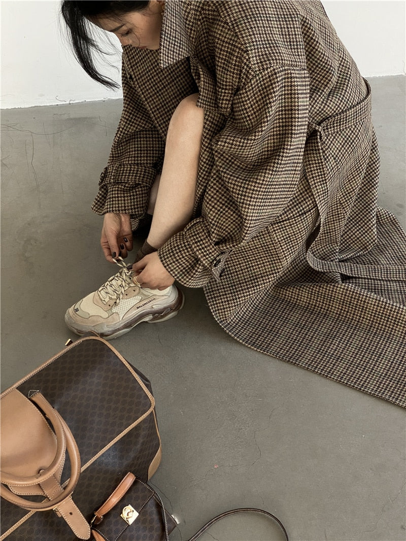 Autumn Winter Long Loose Stylish Warm Plaid Wool Blends Coat Women Sashes Luxury Designer Runway European Fashion voguable