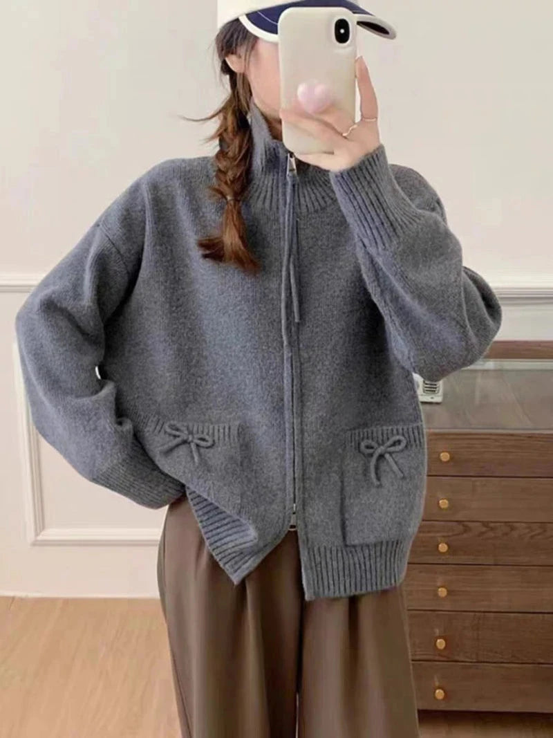 Korean Bow Cardigan Women Lazy Wind Double Zipper Long Sleeve Knitted Jacket Vintage Sweet Casual Preppy Style Tops Coat voguable