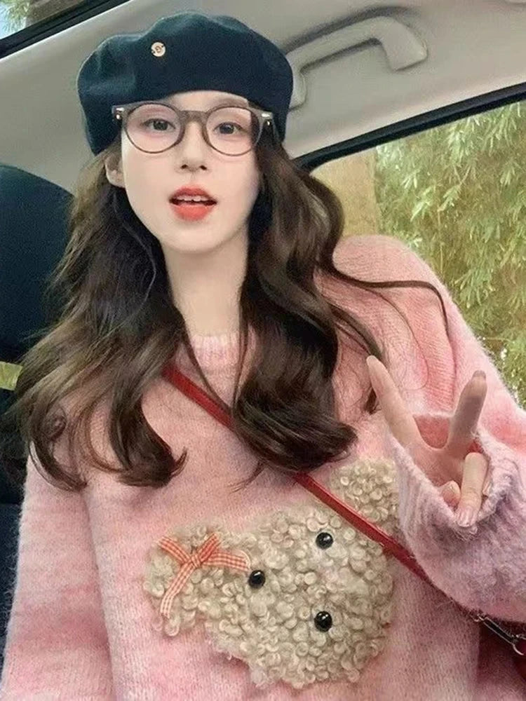 Cute Cartoon Pink Sweater Women Sweet Long Sleeve Knitted Kawaii Jumper Vintage Japan O Neck Lady Casual Lazy Wind Tops New voguable