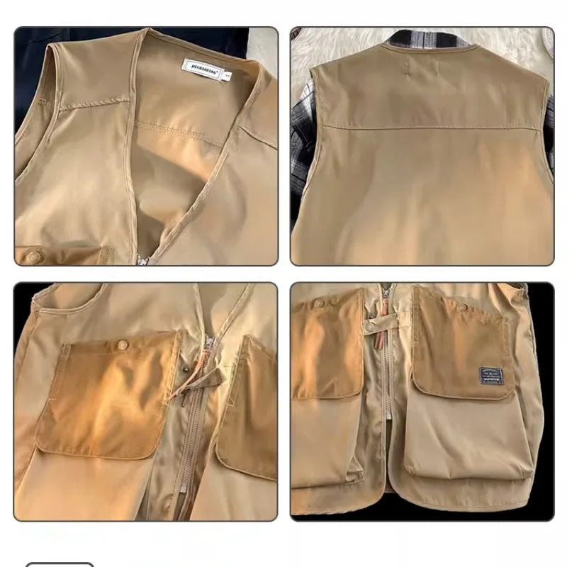 Voguable  Japanese Men's Autumn New Patchwork V-neck Zippered Pocket Fashion Solid Colo Loose Sports Versatile Sleeveless Vest Jacket voguable