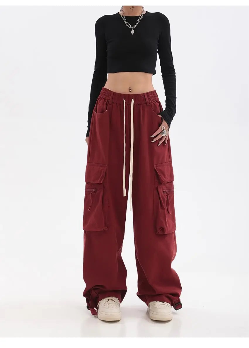 Streetwear Vintage Hip Hop Oversize Red Cargo Pants Women Drawstring Elastic Waist Loose Wide Leg Harajuku Casual Trousers 2023 voguable