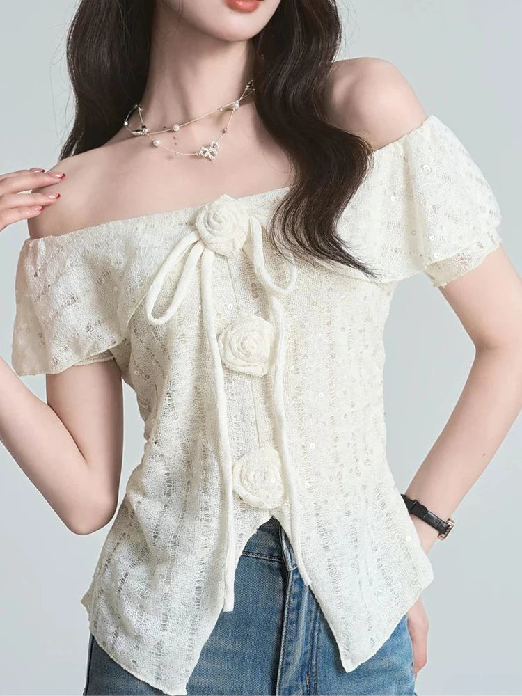 3D Floral Ruffles Sweet T Shirt Women Slim Sexy Cropped Short Sleeve Chic Tees Tops Korean Fashion Elegant Female T Shirts voguable