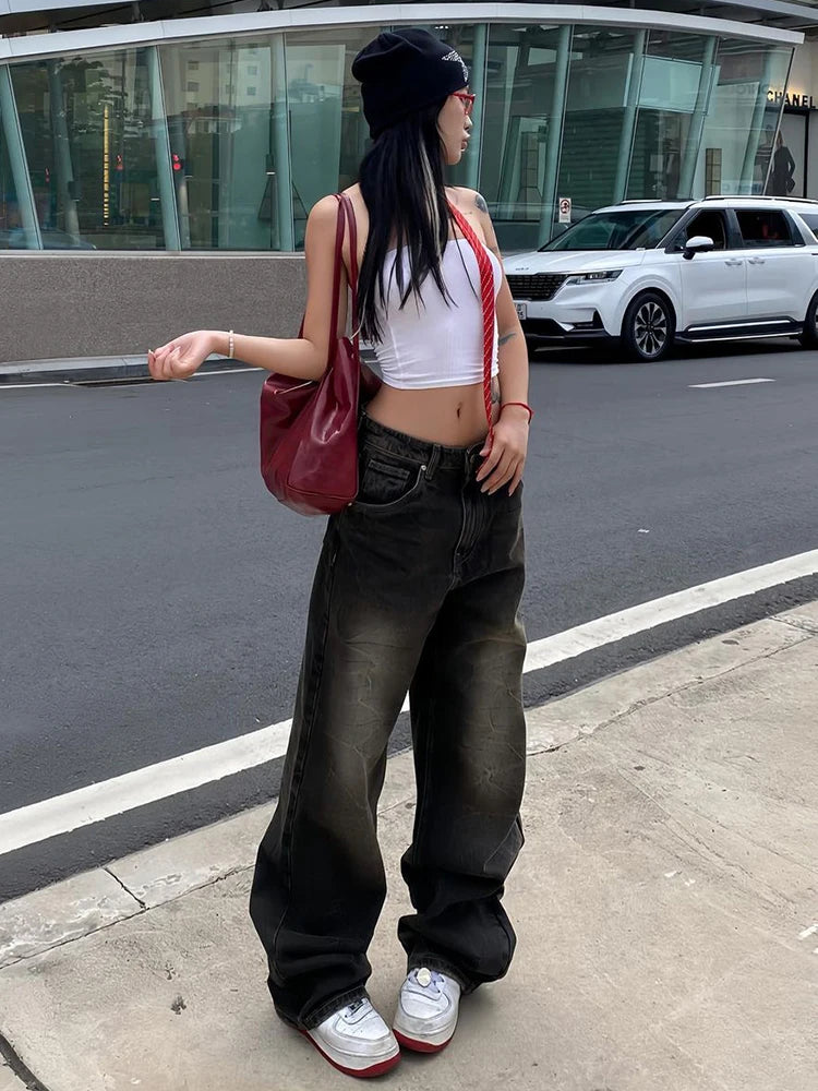 Voguable Streetwear Women'S Jeans Harajuku Cargo Pants Y2K Casual Denim Distressed Straight Wide Leg Trousers Female Korean 2024 voguable
