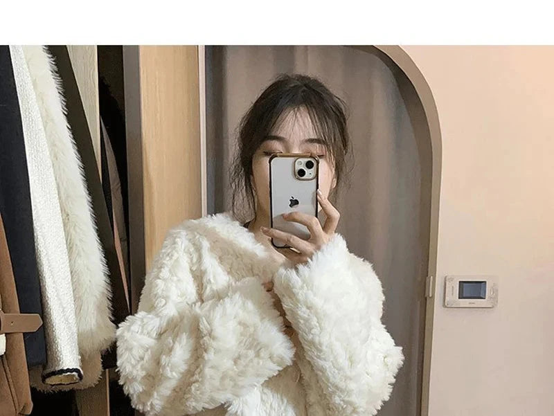 Winter Sweet Korean Faux Lamb Coat Women Vintage Warm Thick Long Sleeve Cute Jacket Casual O Neck Pockets Elegant White Tops New voguable