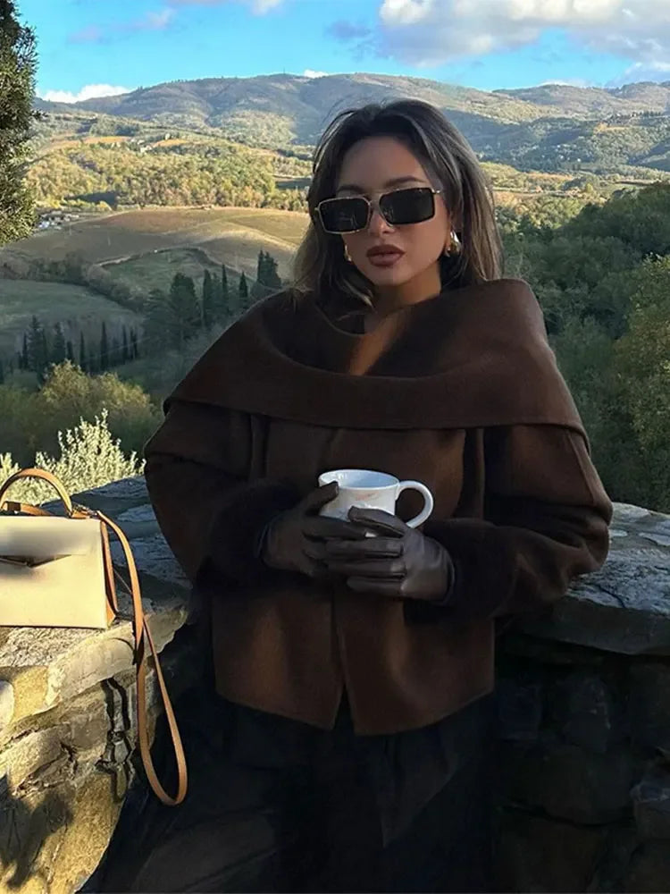 2024 New Fashion Scarf Collar Woolen Jackets For Women Elegant Long Sleeved Side Split Casual Coats Female Chic Autumn Overcoats voguable