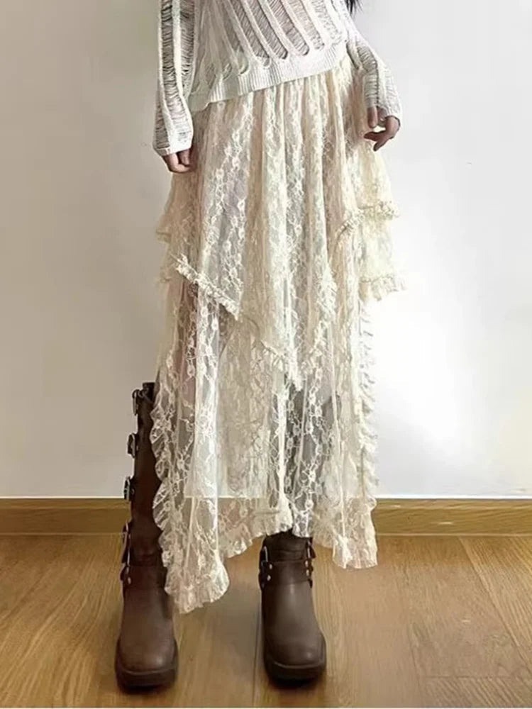 Asymmetrical Women Lace Skirt Vintage Y2K Aesthetic Summer Fashion High Waist Mid Skirts Ladies Holiday Outfits New voguable