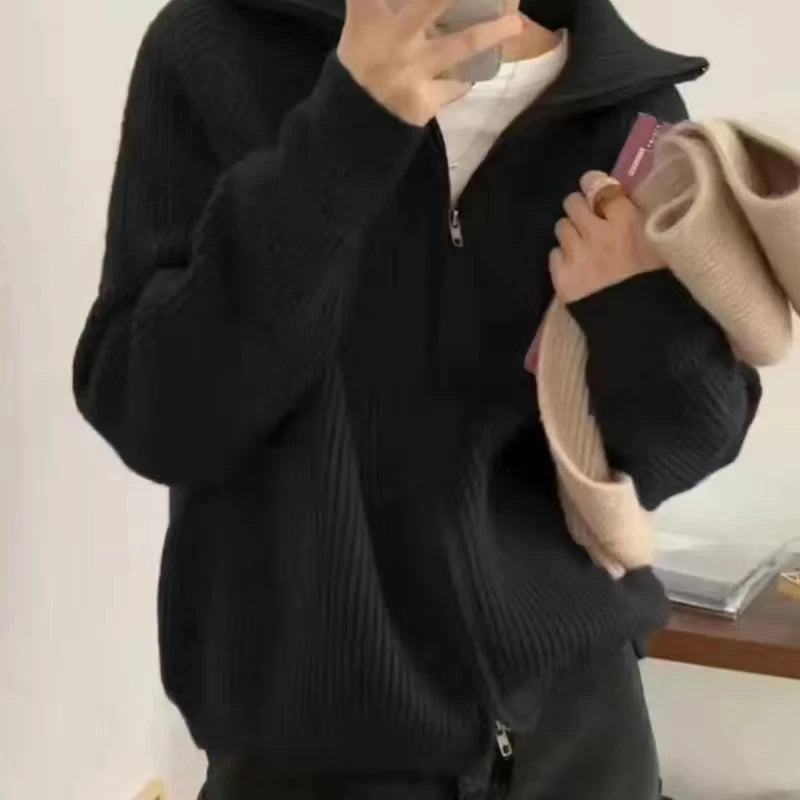 Voguable  Casual Knitted Cardigan Sweaters Women Autumn Vintage Zip-up Solid Loose Long Sleeve Tops Knitwear Chic Kpop voguable