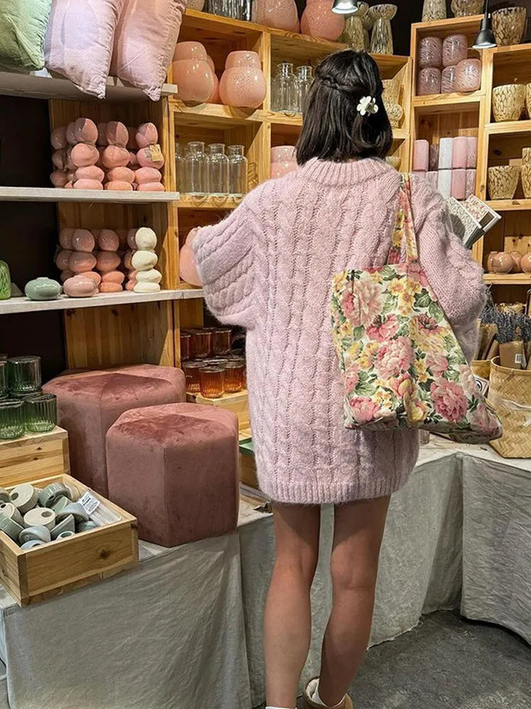 Elegant Sweet Pink Round Neck Knitted Sweater Women Casual Long Sleeve Loose Warm Pullover 2024 New Autumn Lady Commute Knitwear voguable
